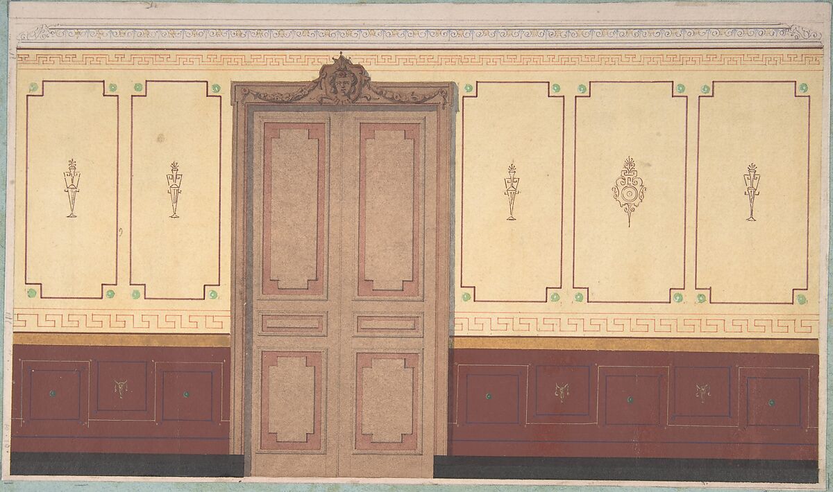 Pompeiian Design for Wall and Doorway, Jules-Edmond-Charles Lachaise (French, died 1897), Pen and black ink, graphite, watercolor, gouache 