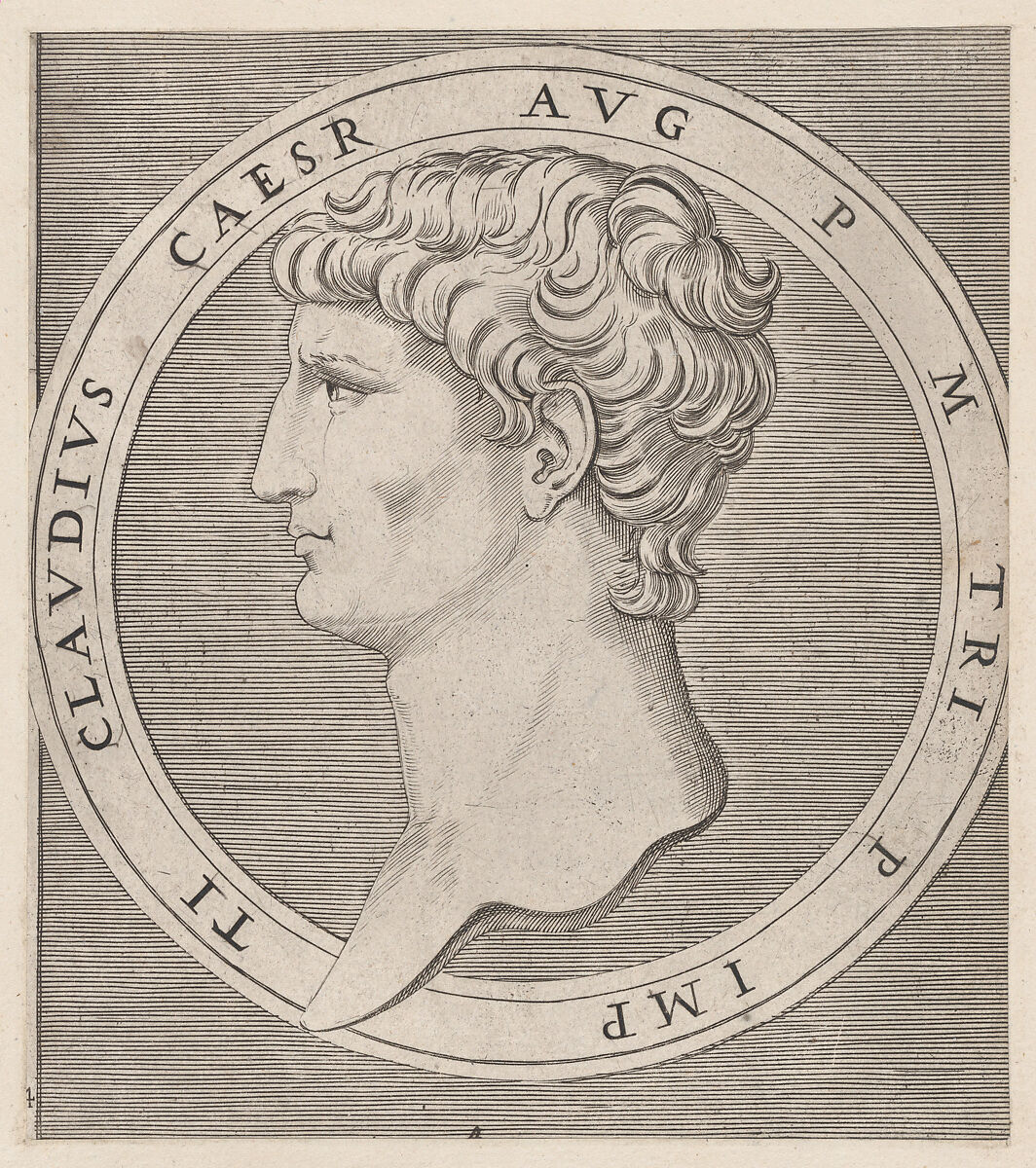 Claudius, from The Twelve Caesars, from "Speculum Romanae Magnificentiae", Marcantonio Raimondi (Italian, Argini (?) ca. 1480–before 1534 Bologna (?)), Engraving; second state of three 