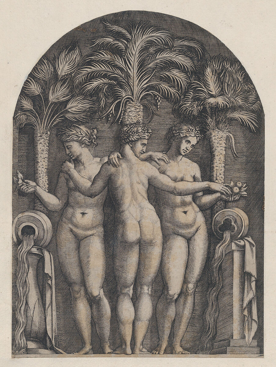 The Three Graces, from "Speculum Romanae Magnificentiae", Marcantonio Raimondi (Italian, Argini (?) ca. 1480–before 1534 Bologna (?)), Engraving 