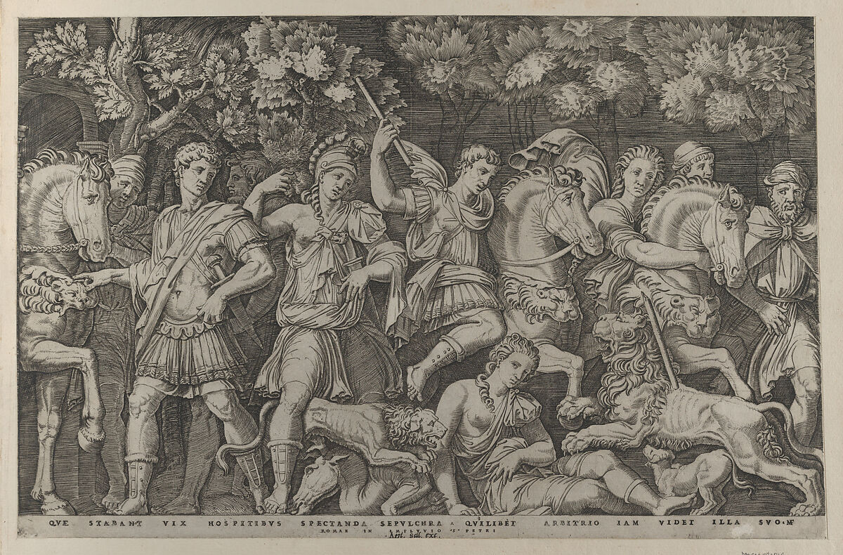 The Lion Hunt, from "Speculum Romanae Magnificentiae", Marcantonio Raimondi (Italian, Argini (?) ca. 1480–before 1534 Bologna (?)), Engraving 