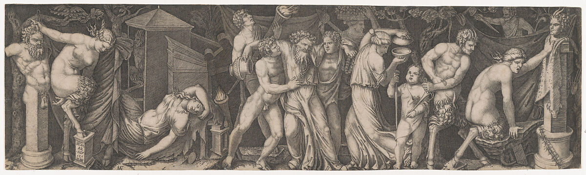A Bacchanal; Silenus supported by two bacchants in the center, at left a female satyr reclining on a bed and another holding onto the horns on a statue of Priapus while she tries to impale herself on his phallus, with various other figures, Marcantonio Raimondi (Italian, Argini (?) ca. 1480–before 1534 Bologna (?)), Engraving 