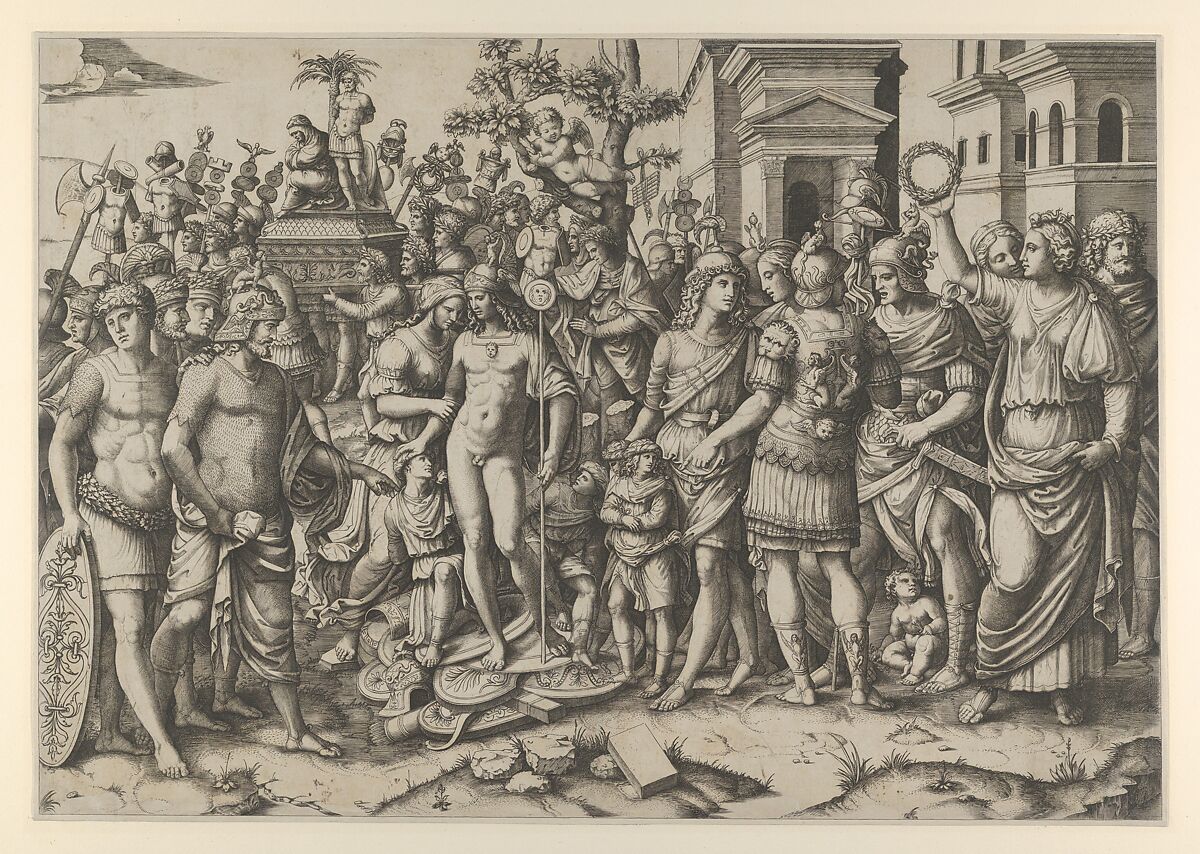 The triumph of a Roman Emperor; a young naked hero stands at center on a pile of armor; a woman at right holds aloft a laurel wreath, Marcantonio Raimondi (Italian, Argini (?) ca. 1480–before 1534 Bologna (?)), Engraving 