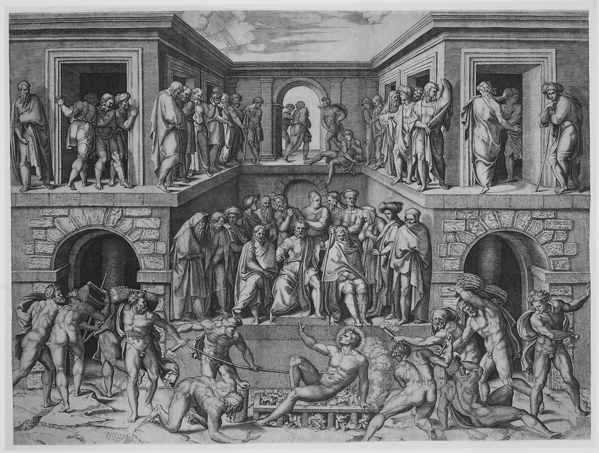 The Martyrdom of Saint Lawrence, after Bandinelli, Marcantonio Raimondi (Italian, Argini (?) ca. 1480–before 1534 Bologna (?)), Engraving; second state of two