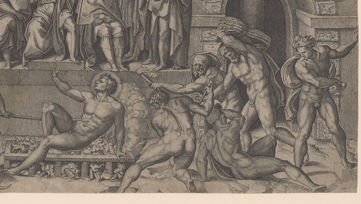 The Martyrdom of Saint Lawrence, after Bandinelli, Marcantonio Raimondi (Italian, Argini (?) ca. 1480–before 1534 Bologna (?)), Engraving; second state of two