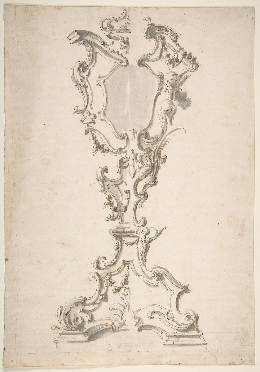 Two Alternative Designs for a Mirror Stand, Giovanni Battista Natali III (Italian, Pontremoli, Tuscany 1698–1765 Naples), Pen and brown ink, brush with brown and gray wash, over traces of graphite or black chalk 