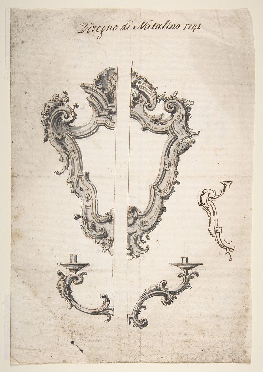 Designs for Mirror Frames and Sconces, Giovanni Battista Natali III (Italian, Pontremoli, Tuscany 1698–1765 Naples), Pen and brown ink, brush with gray and brown wash, over graphite or black chalk 