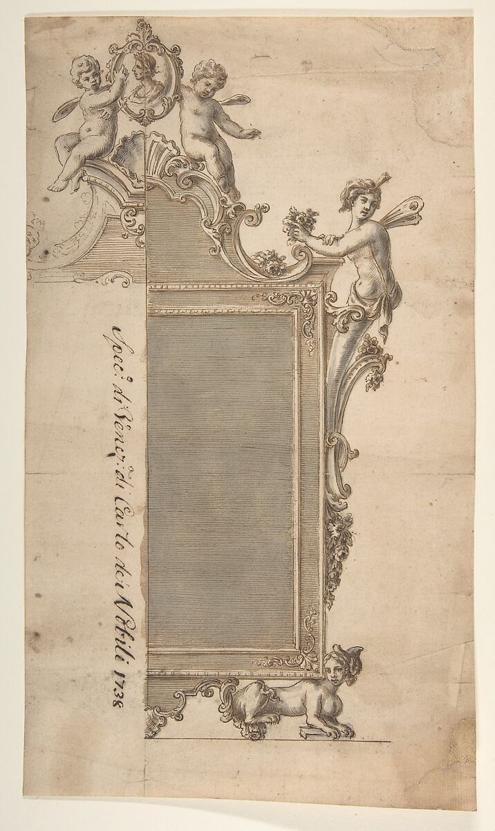 Design for Mirror Frame, Giovanni Battista Natali III (Italian, Pontremoli, Tuscany 1698–1765 Naples), Pen and brown ink, brush with gray and brown wash, over traces of graphite or black chalk 