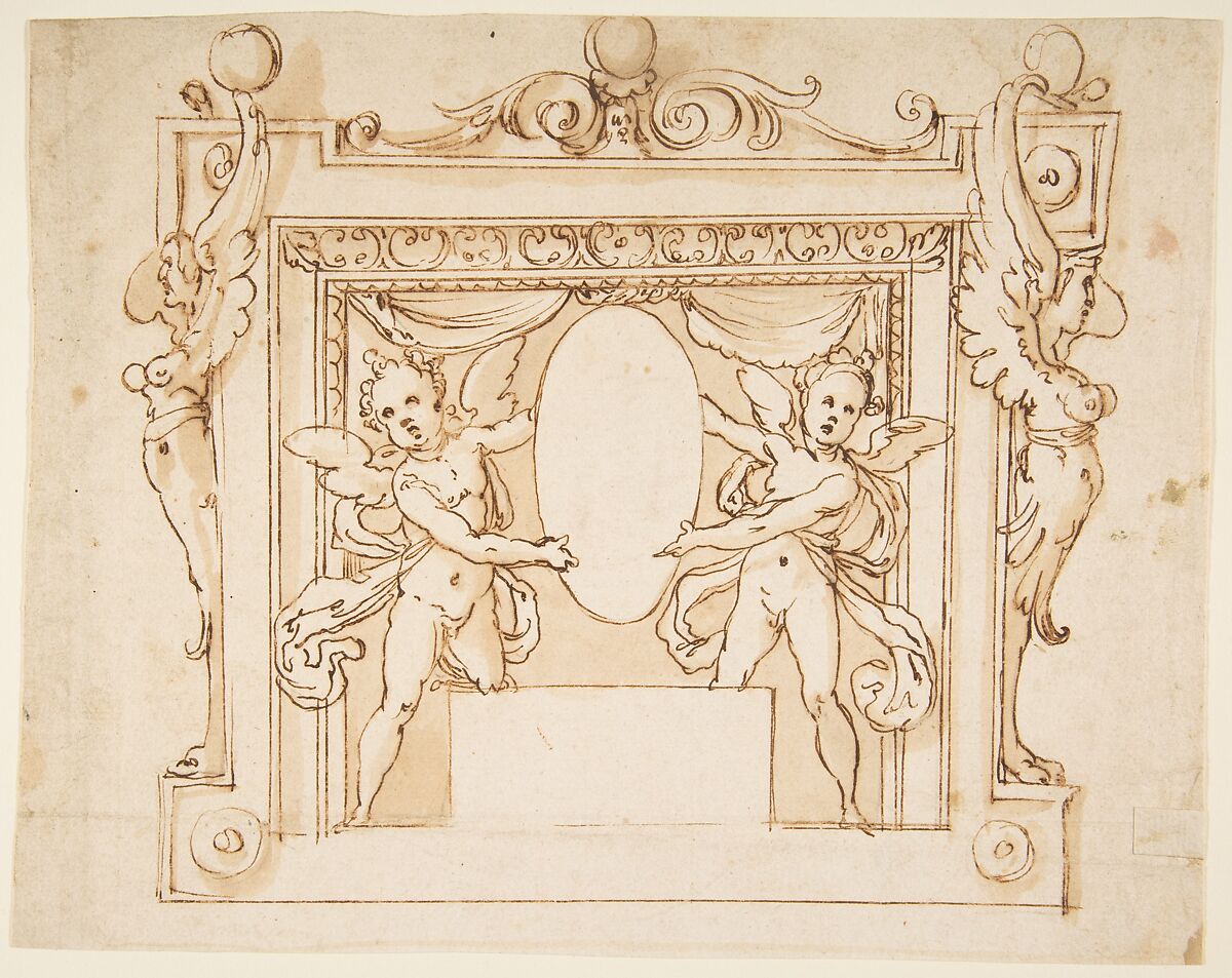 Drawing for a Memorial Tablet: Two Winged Children Holding an Empty Oval in a Frame with Gryphons, Follower of Federico Zuccaro (Zuccari) (Italian, Sant&#39;Angelo in Vado 1540/42–1609 Ancona), Pen and brown ink and wash 