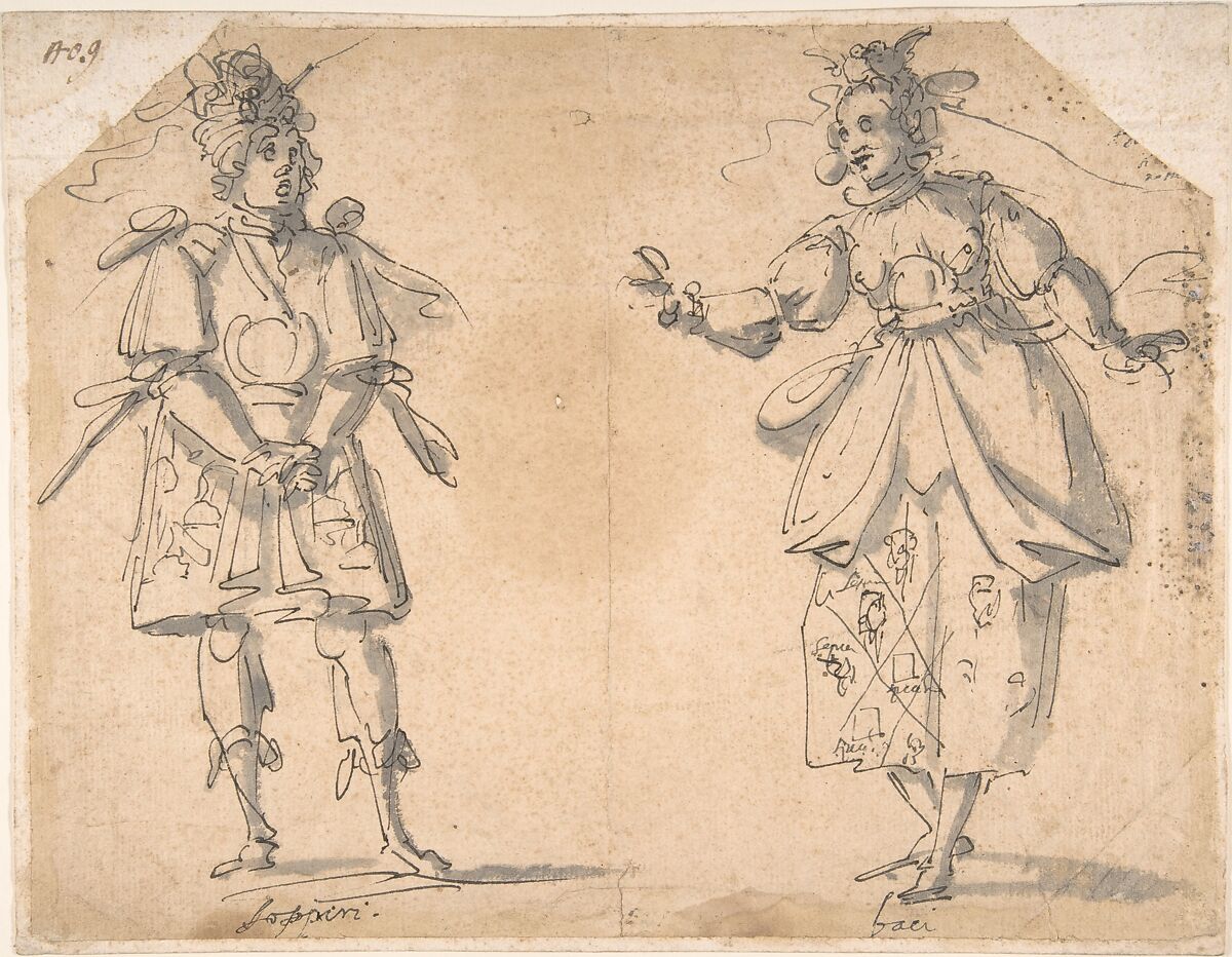 Drawings for Two Masquerade or Ballet Costumes ('Sospiri' and 'Baci'), Giovanni Battista Paggi (Italian, Genoa 1554–1627 Genoa), Pen and ink, brush and gray wash 