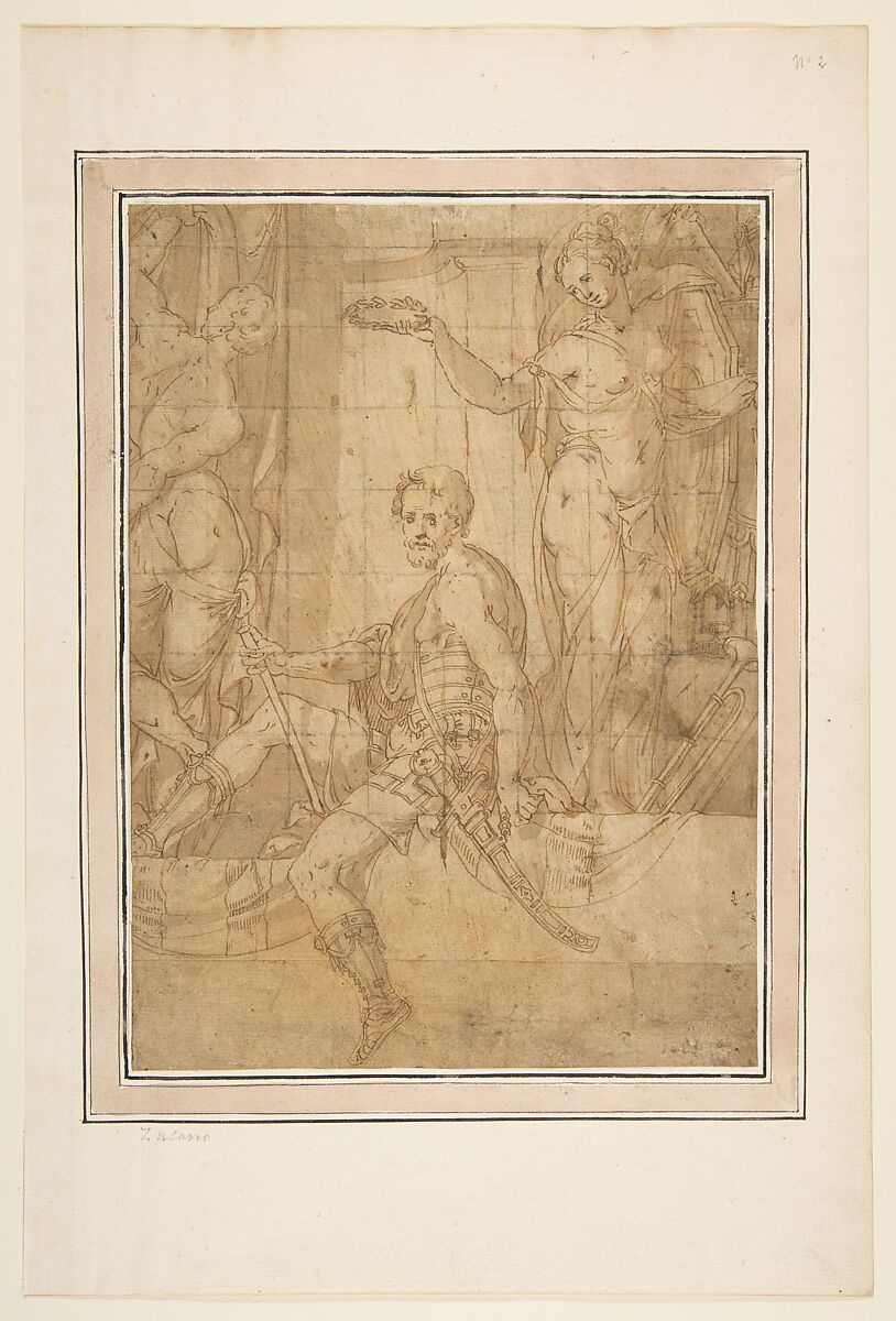 Seated Warrior Between Two Figures, Giambattista Zelotti (Italian, Verona 1526–1578 Mantua) (?), Pen and brown ink, squared in black chalk