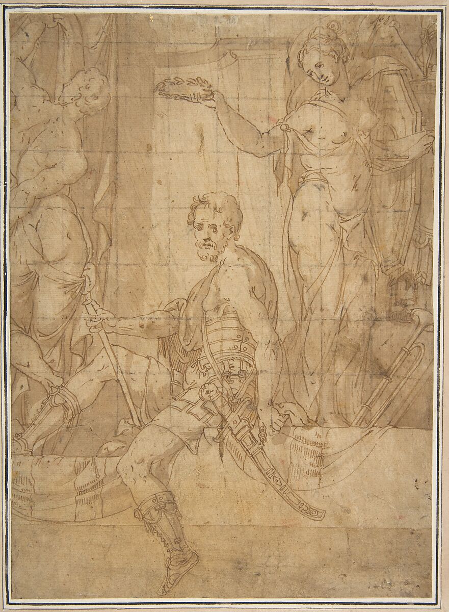 Seated Warrior Between Two Figures, Giambattista Zelotti (Italian, Verona 1526–1578 Mantua) (?), Pen and brown ink, squared in black chalk 