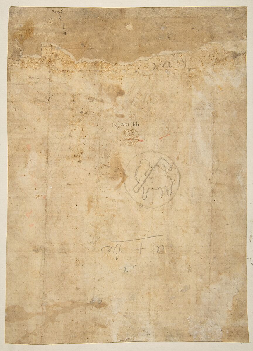 Seated Warrior Between Two Figures, Giambattista Zelotti (Italian, Verona 1526–1578 Mantua) (?), Pen and brown ink, squared in black chalk