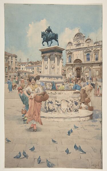 Piazza di Scuola San Marco, Venice, V. Pasini (Italian, late 19th–early 20th century (?)), Watercolor 