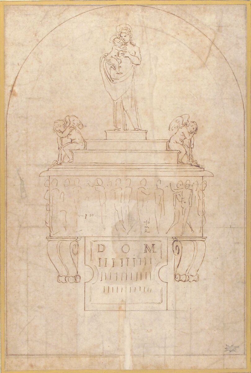 Design for a Wall Tomb or Monument (Recto); Smaller Variant Version with Half Length Madonna & Child on Crescent Moon (Verso), Attributed to Giovanni Francesco Penni (Italian, Florence ca. 1496–after 1528 Naples), Pen and brown ink