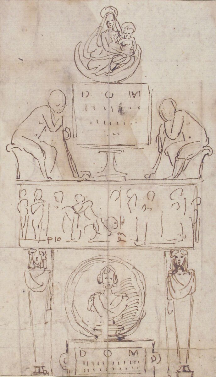 Design for a Wall Tomb or Monument (Recto); Smaller Variant Version with Half Length Madonna & Child on Crescent Moon (Verso), Attributed to Giovanni Francesco Penni (Italian, Florence ca. 1496–after 1528 Naples), Pen and brown ink