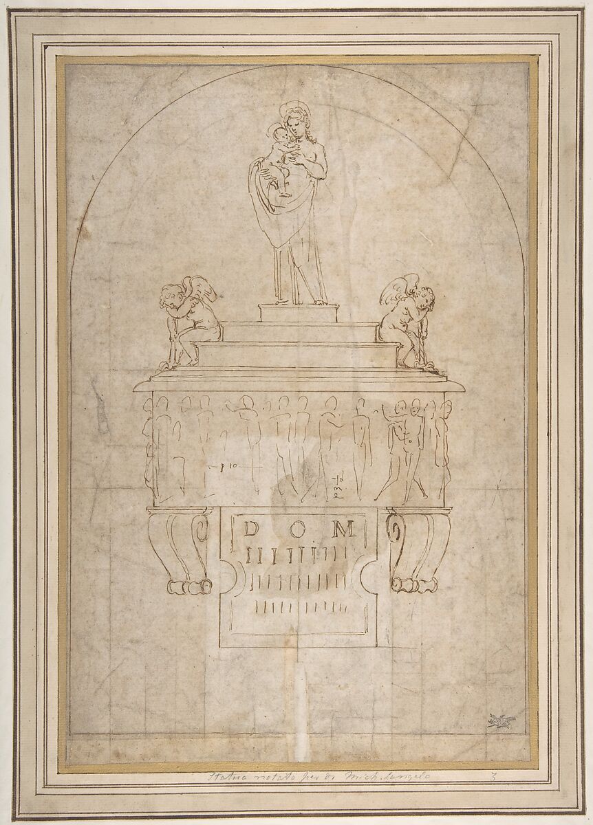 Design for a Wall Tomb or Monument (Recto); Smaller Variant Version with Half Length Madonna & Child on Crescent Moon (Verso), Attributed to Giovanni Francesco Penni (Italian, Florence ca. 1496–after 1528 Naples), Pen and brown ink 