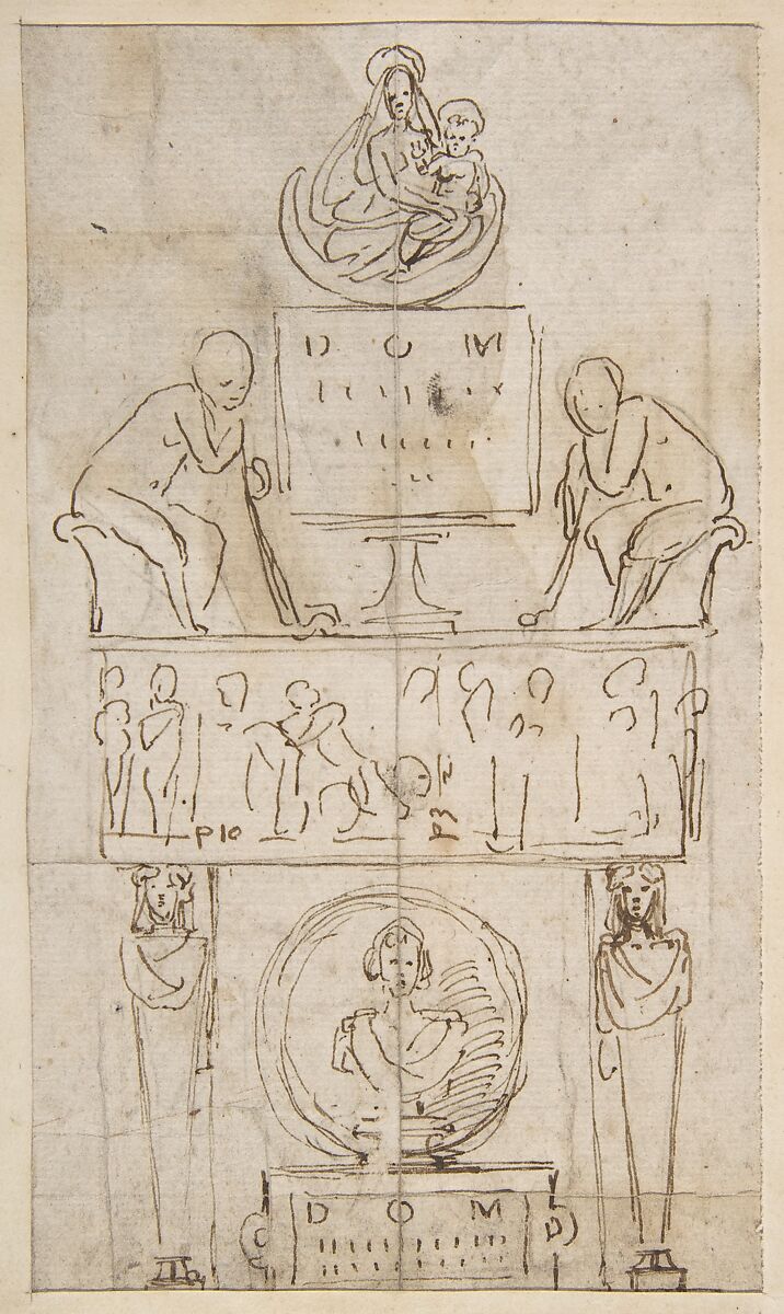 Design for a Wall Tomb or Monument (Recto); Smaller Variant Version with Half Length Madonna & Child on Crescent Moon (Verso), Attributed to Giovanni Francesco Penni (Italian, Florence ca. 1496–after 1528 Naples), Pen and brown ink