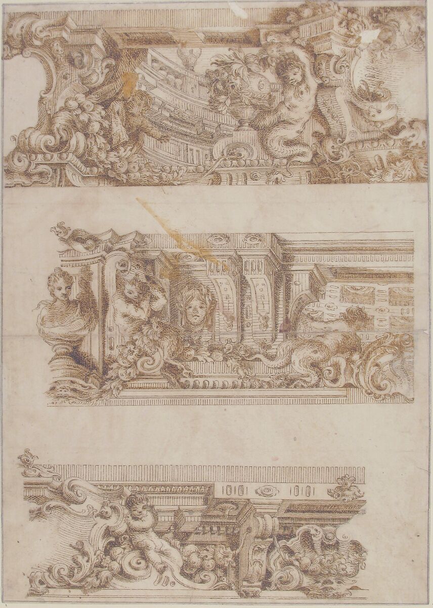 Drawing for Engraving in Raccolta di Vari Schizzi, Venice, after Angelo Rosis, Antonio Maria Visentini (Italian, Venice 1688–1782 Venice), Pen and light and dark brown ink, over faint traces of graphite; framing lines in graphite