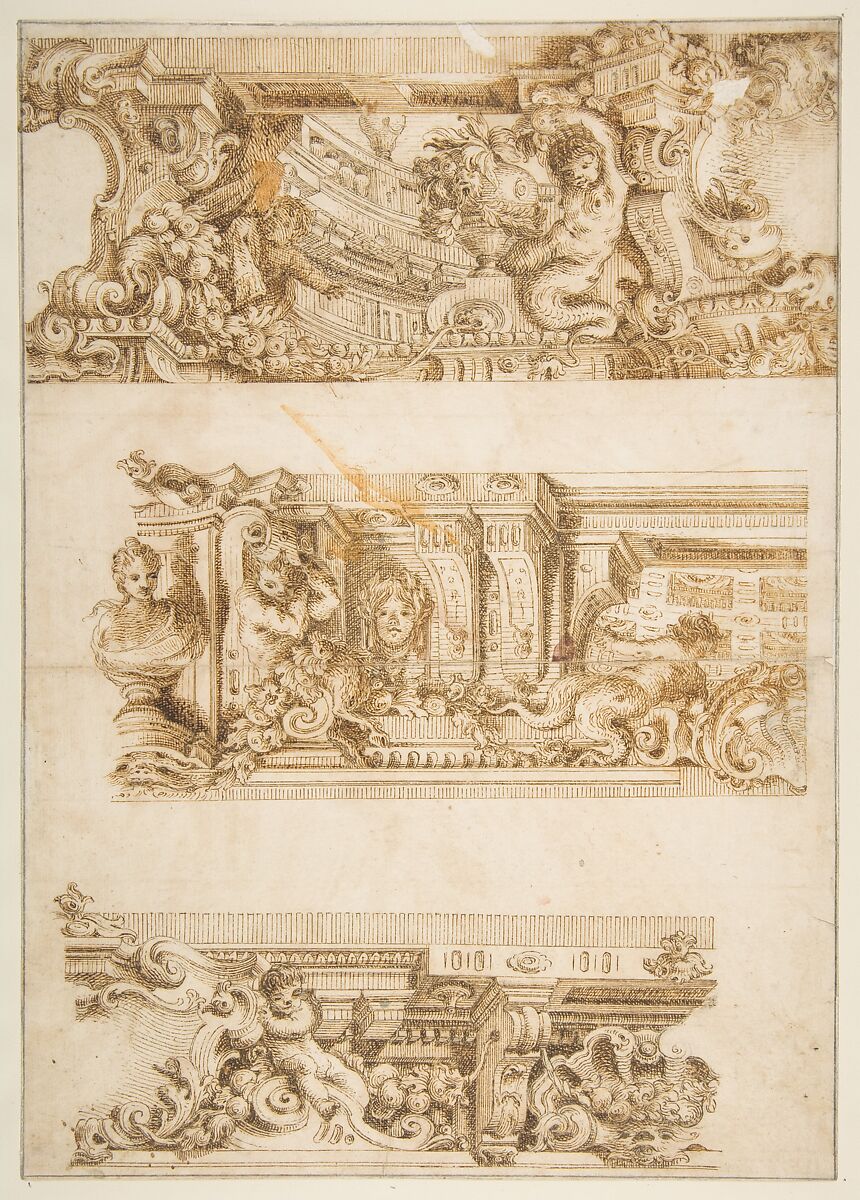 Drawing for Engraving in Raccolta di Vari Schizzi, Venice, after Angelo Rosis, Antonio Maria Visentini (Italian, Venice 1688–1782 Venice), Pen and light and dark brown ink, over faint traces of graphite underdrawing; framing outline in graphite 