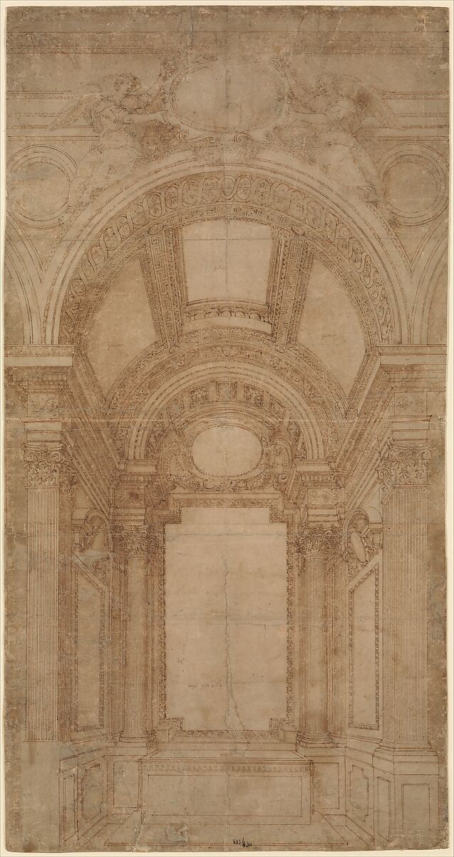 Design for an Elaborate Barrel-Vaulted Chapel, Attributed to Baldassare Tommaso Peruzzi (Italian, Ancaiano 1481–1536 Rome), Pen and brown ink, over graphite; ruler and compass construction 