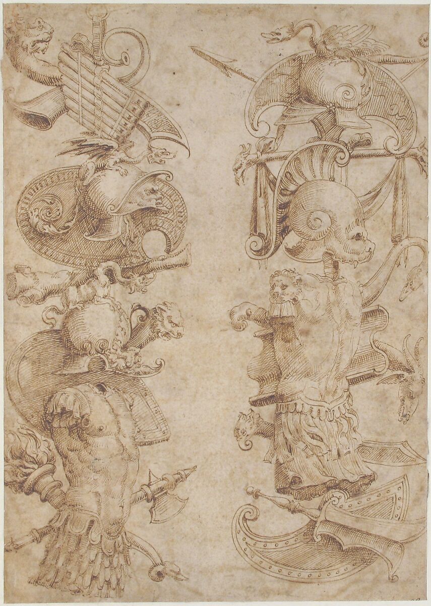 Designs for Ornamental Military Trophies (recto and verso), Formerly attributed to Enea Vico (Italian, Parma 1523–1567 Ferrara) (?), Pen and brown ink (recto and verso)