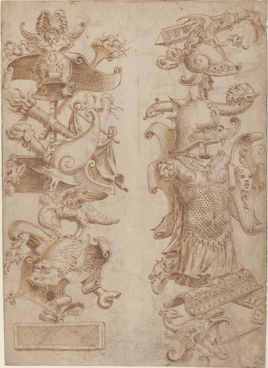Designs for Ornamental Military Trophies (recto and verso), Formerly attributed to Enea Vico (Italian, Parma 1523–1567 Ferrara) (?), Pen and brown ink (recto and verso)