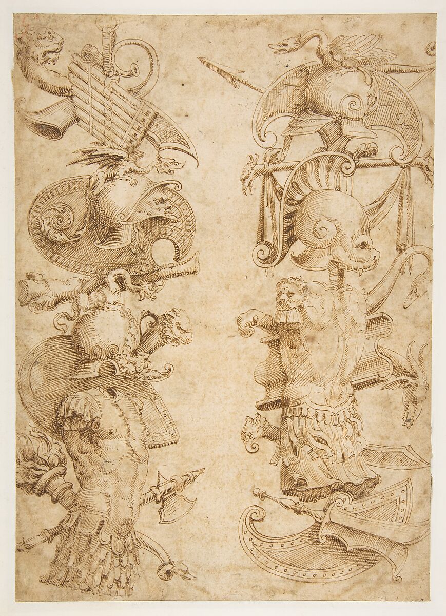 Designs for Ornamental Military Trophies (recto and verso), Formerly attributed to Enea Vico (Italian, Parma 1523–1567 Ferrara) (?), Pen and brown ink (recto and verso)