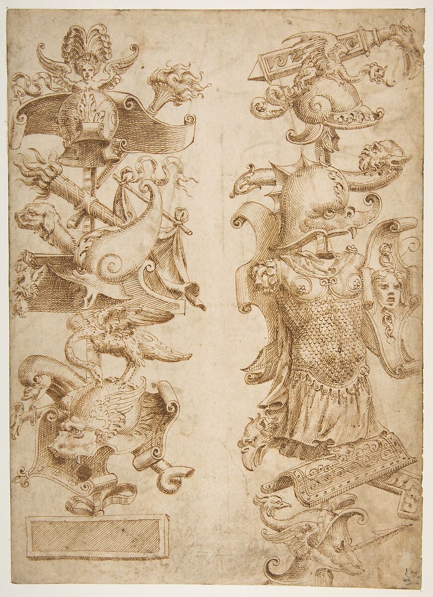 Designs for Ornamental Military Trophies (recto and verso), Formerly attributed to Enea Vico (Italian, Parma 1523–1567 Ferrara) (?), Pen and brown ink (recto and verso) 