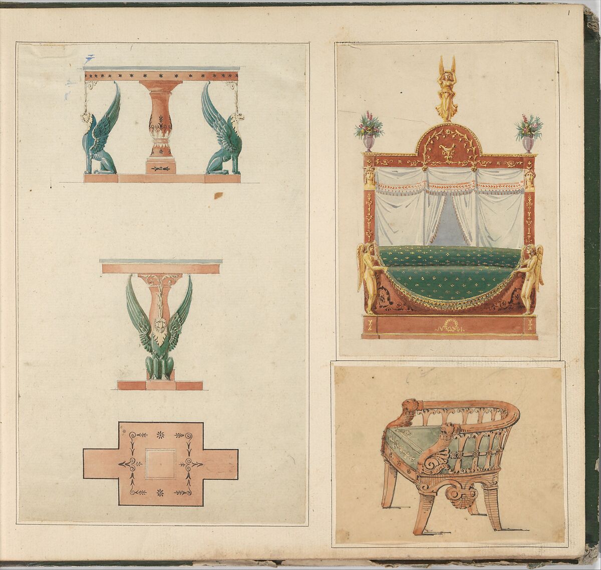 Designs for Furniture, Pierre Antoine Bellangé (French, Paris 1758–1827 Paris), Pen and black ink, graphite, and watercolor 
