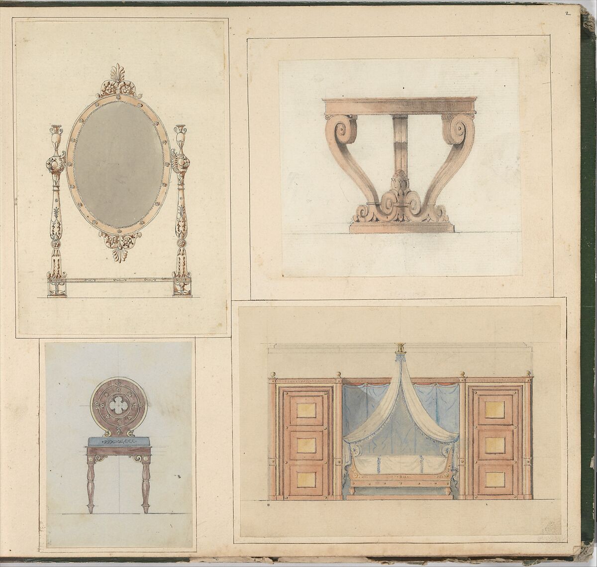 Designs for Furniture, Pierre Antoine Bellangé (French, Paris 1758–1827 Paris), Pen and black ink, graphite, and watercolor