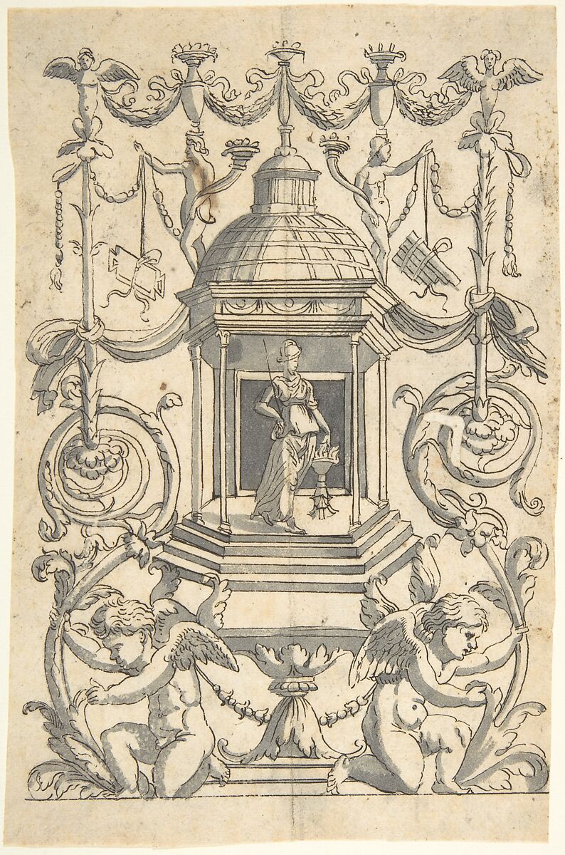 Grotesque with a Female Figure (Minerva?) in a Temple-like Structure with a Cupola, Anonymous, Italian, 16th century ?, Pen and black ink, brush and gray wash 