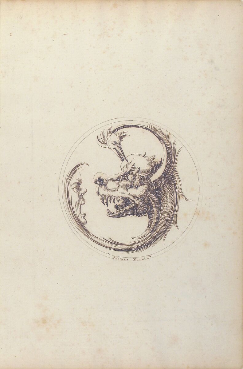 Two Beasts and a Human Mask within a Circle, Gaetano Piccini (Italian, active Rome, 1710–30), Pen and brown ink