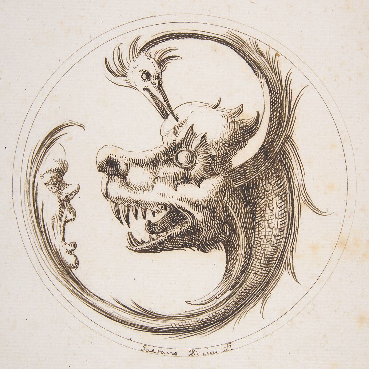 Two Beasts and a Human Mask within a Circle, Gaetano Piccini (Italian, active Rome, 1710–30), Pen and brown ink 