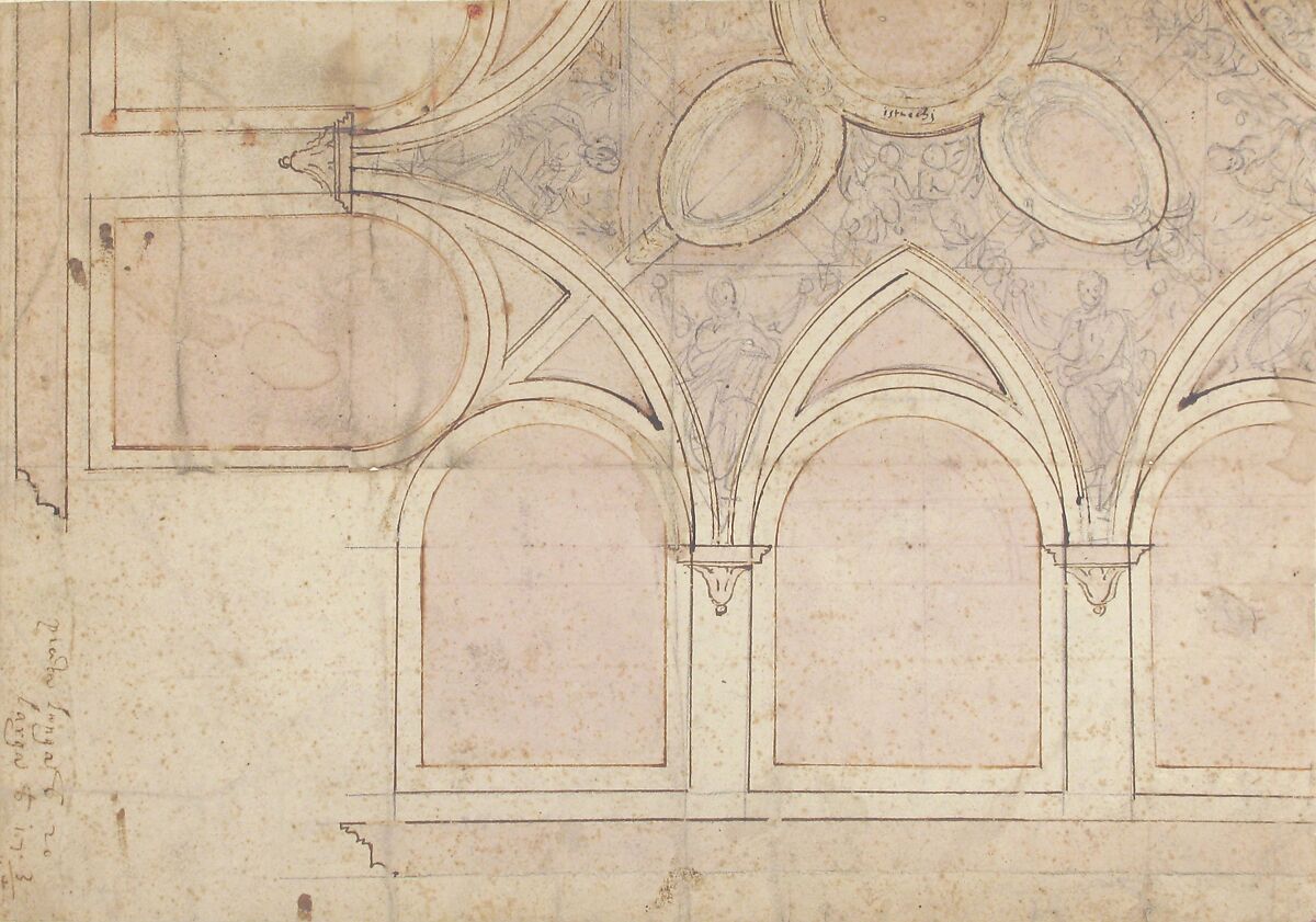Design for the Ceiling Decoration in Vasari's House in Arezzo, Giorgio Vasari (Italian, Arezzo 1511–1574 Florence), Pen and brown ink, brush and rose-brown wash, over black chalk, and compass and ruled construction