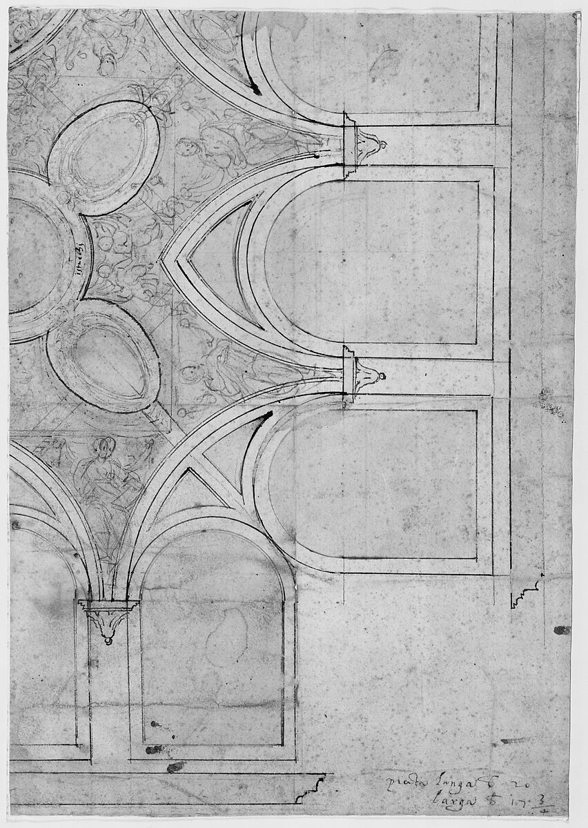 Design for the Ceiling Decoration in Vasari's House in Arezzo, Giorgio Vasari (Italian, Arezzo 1511–1574 Florence), Pen and brown ink, brush and rose-brown wash, over black chalk, and compass and ruled construction