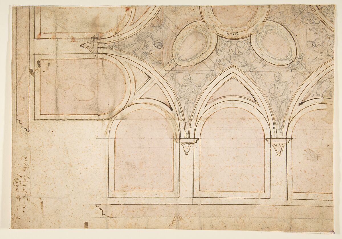 Design for the Ceiling Decoration in Vasari's House in Arezzo, Giorgio Vasari (Italian, Arezzo 1511–1574 Florence), Pen and brown ink, brush and rose-brown wash, over black chalk, and compass and ruled construction 
