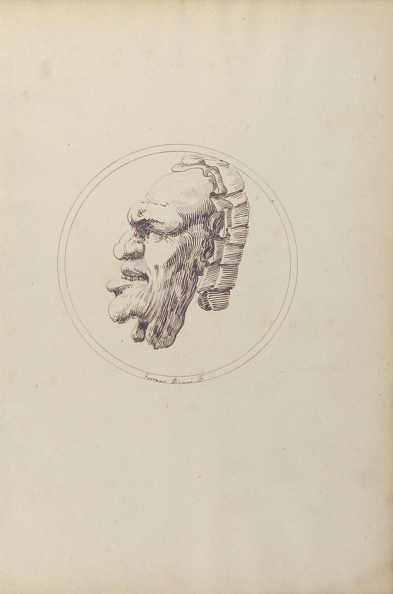 Human Mask Looking to the Left within a Circle, Gaetano Piccini (Italian, active Rome, 1710–30), Pen and brown ink