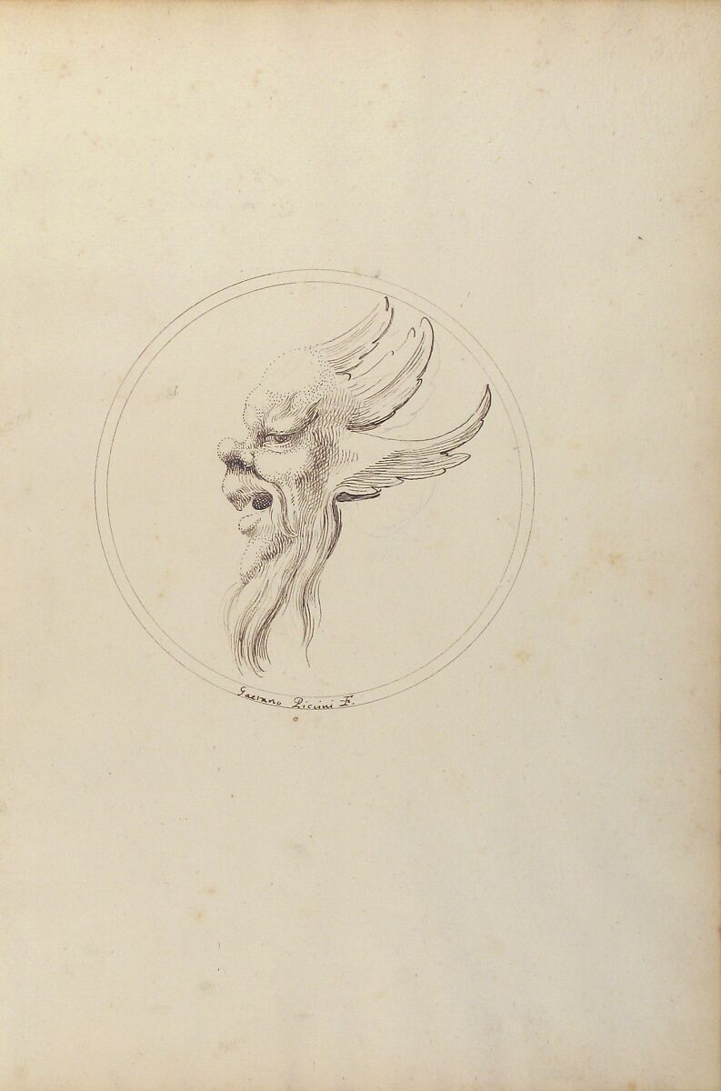 Grotesque Winged and Bearded Head Looking to the Left within a Circle, Gaetano Piccini (Italian, active Rome, 1710–30), Pen and brown ink