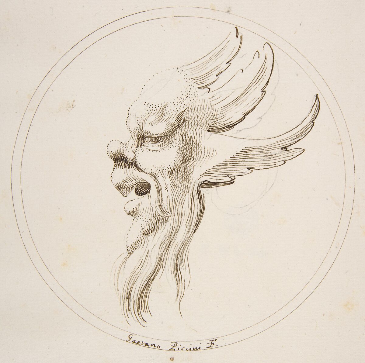Grotesque Winged and Bearded Head Looking to the Left within a Circle, Gaetano Piccini (Italian, active Rome, 1710–30), Pen and brown ink 