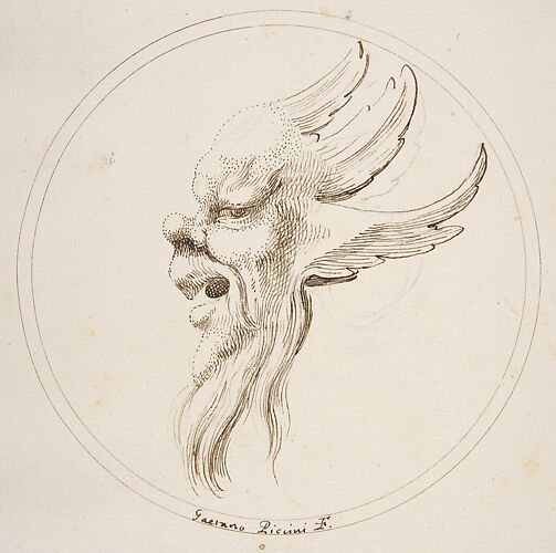 Grotesque Winged and Bearded Head Looking to the Left within a Circle
