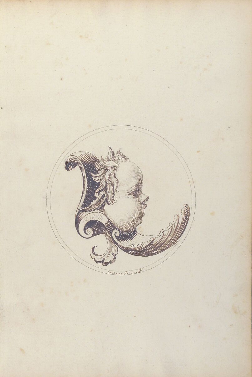 Putto's Head Looking to the Right with a Shell Beneath the Chin within a Circle, Gaetano Piccini (Italian, active Rome, 1710–30), Pen and brown ink