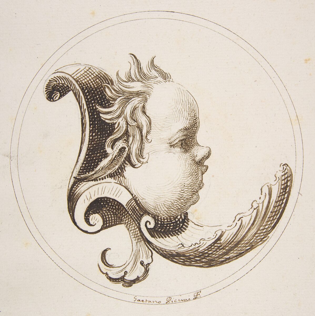 Putto's Head Looking to the Right with a Shell Beneath the Chin within a Circle, Gaetano Piccini (Italian, active Rome, 1710–30), Pen and brown ink 