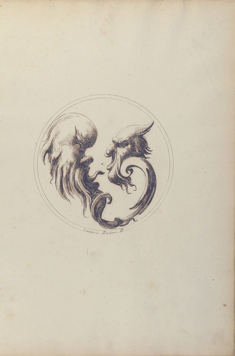 Two Grotesque Heads Facing One Another within a Circle, Gaetano Piccini (Italian, active Rome, 1710–30), Pen and brown ink