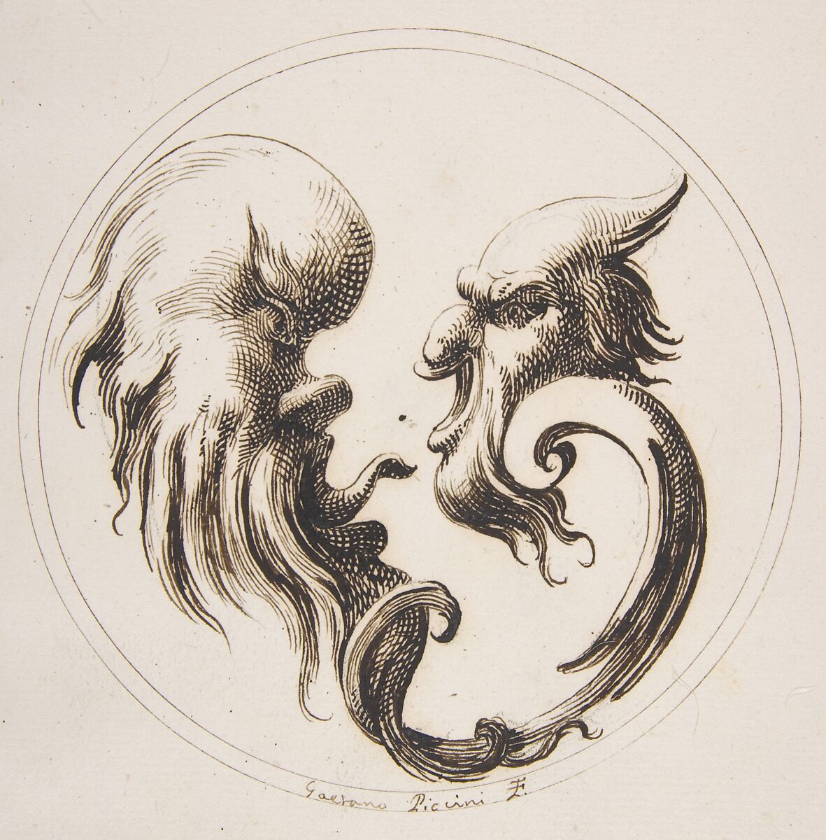 Two Grotesque Heads Facing One Another within a Circle, Gaetano Piccini (Italian, active Rome, 1710–30), Pen and brown ink 