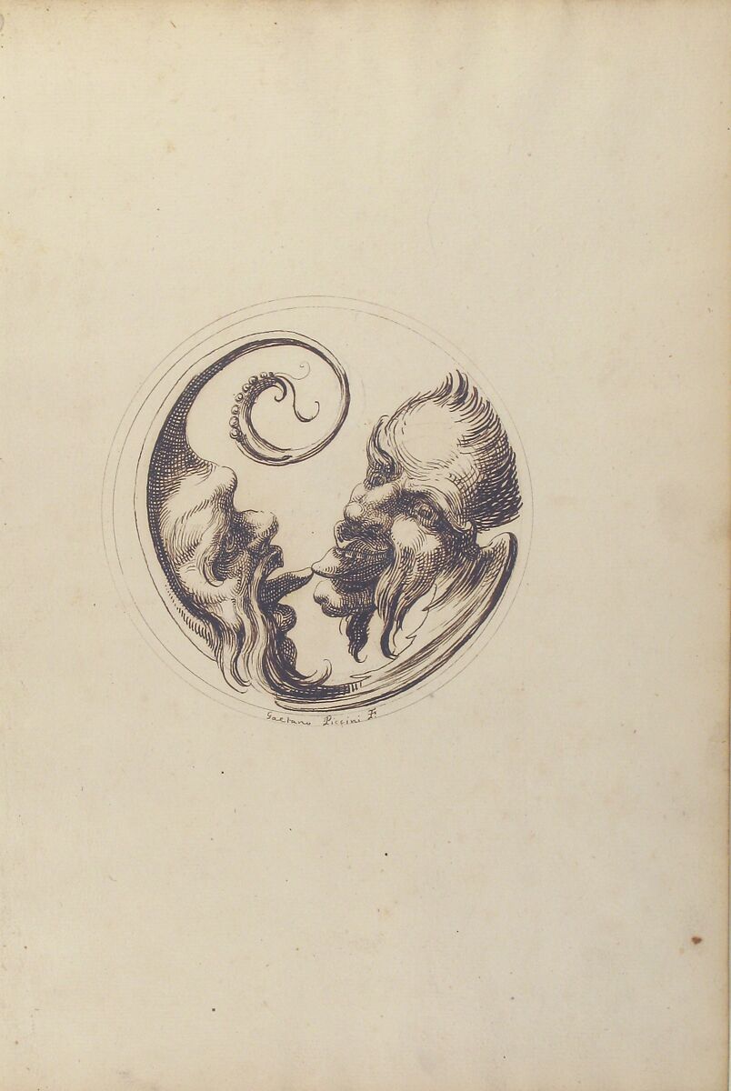 Two Grotesque Heads Facing One Another and Touching Tongues Within a Circle, Gaetano Piccini (Italian, active Rome, 1710–30), Pen and brown ink