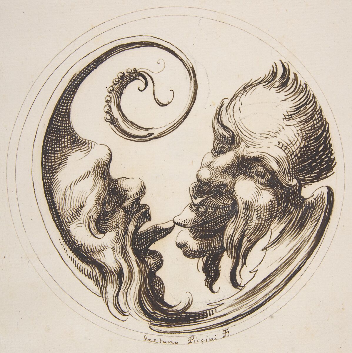 Two Grotesque Heads Facing One Another and Touching Tongues Within a Circle, Gaetano Piccini (Italian, active Rome, 1710–30), Pen and brown ink 