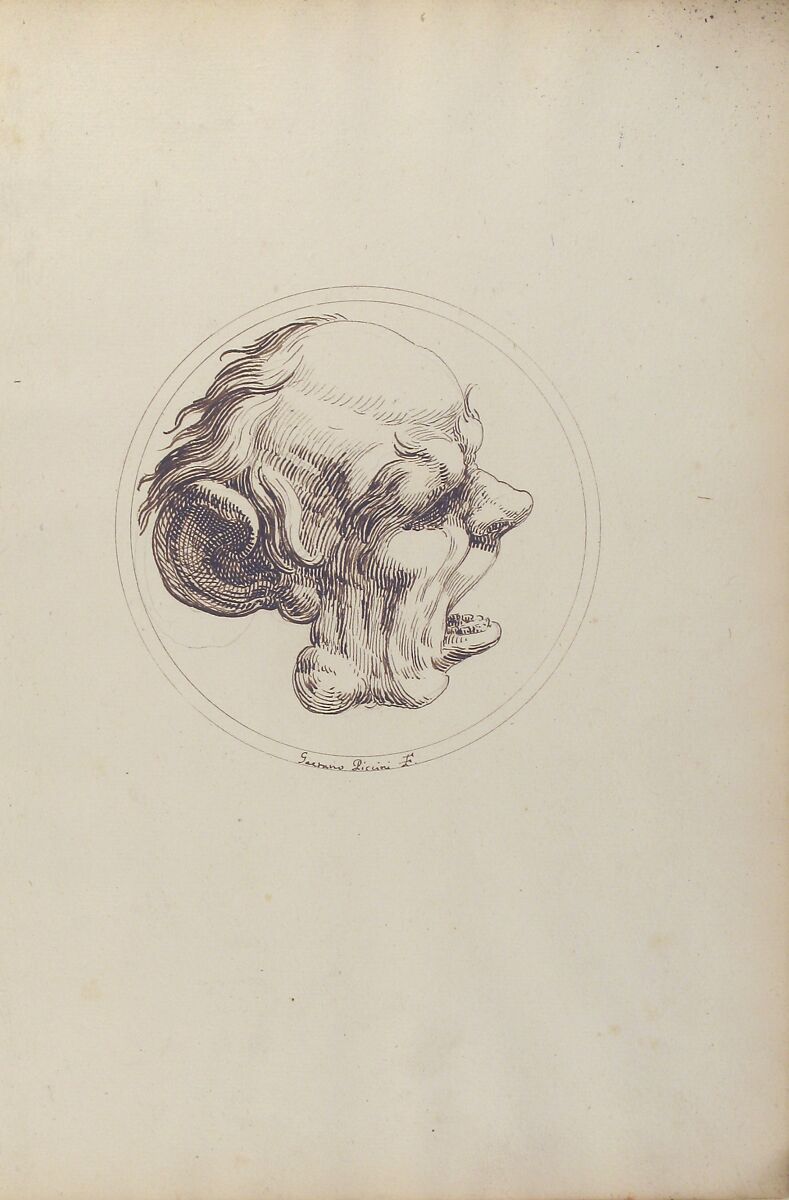 Grotesque Head With a Large Ear and an Open Mouth Looking to the Right Within a Circle, Gaetano Piccini (Italian, active Rome, 1710–30), Pen and brown ink