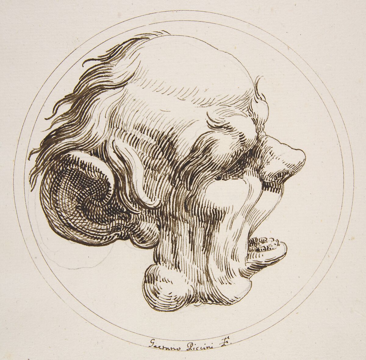 Grotesque Head With a Large Ear and an Open Mouth Looking to the Right Within a Circle, Gaetano Piccini (Italian, active Rome, 1710–30), Pen and brown ink 