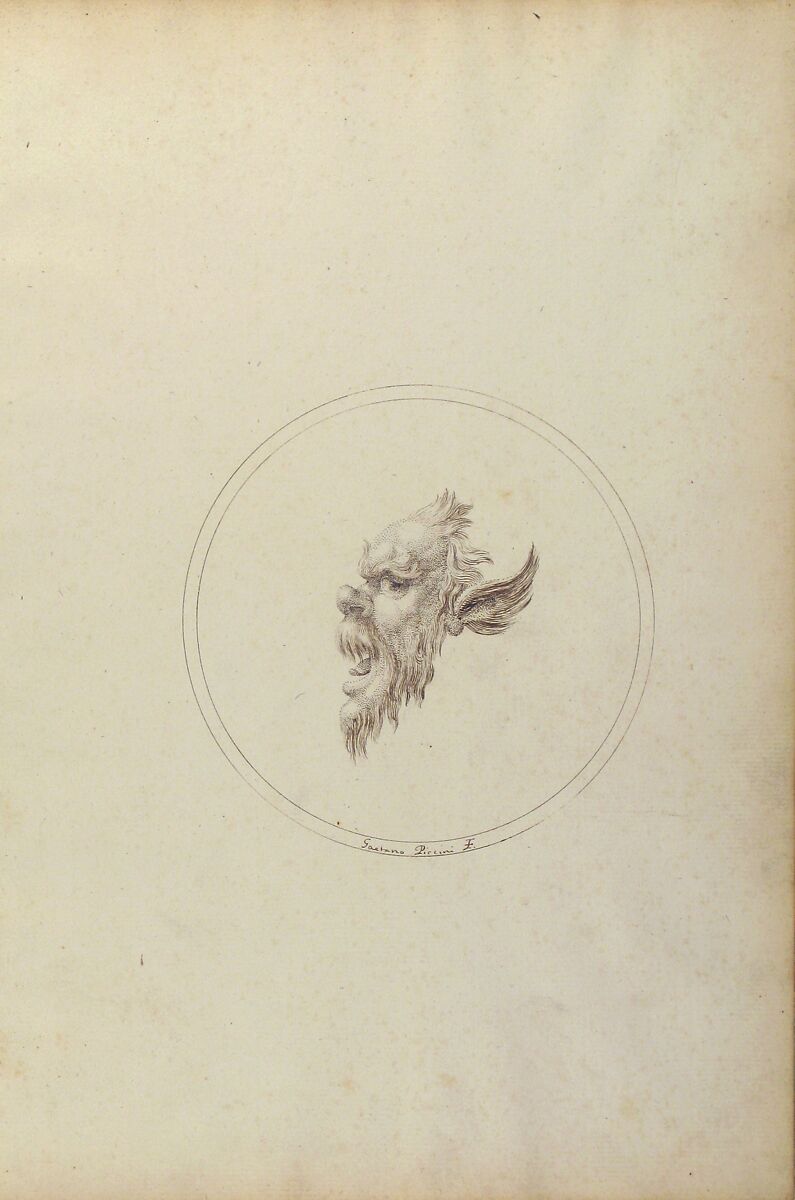 Small Grotesque Head Looking to the Left Within a Circle, Gaetano Piccini (Italian, active Rome, 1710–30), Pen and brown ink
