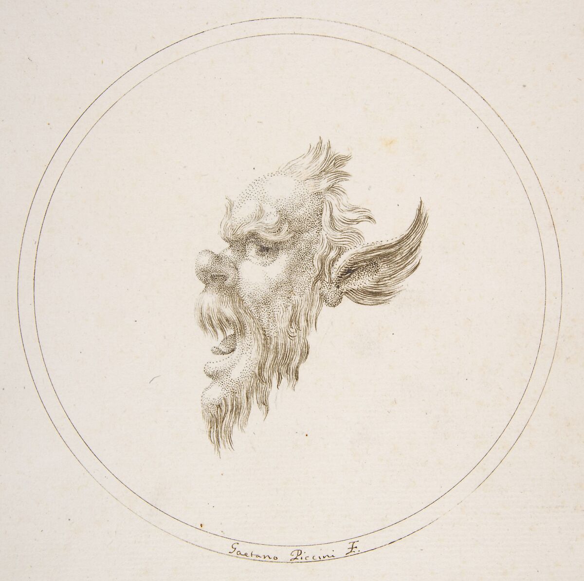 Small Grotesque Head Looking to the Left Within a Circle, Gaetano Piccini (Italian, active Rome, 1710–30), Pen and brown ink 